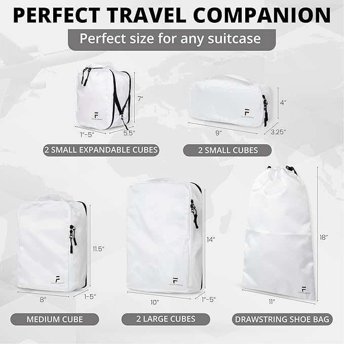 8 Piece Compression Packing Cubes Set - Double Capacity Design for Travel - Small, Medium & Large Sizes - Carry-On Suitcase Organizer Bags (White) - Image 2
