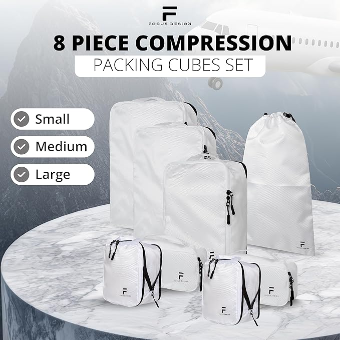 8 Piece Compression Packing Cubes Set - Double Capacity Design for Travel - Small, Medium & Large Sizes - Carry-On Suitcase Organizer Bags (White) - Image 6
