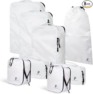 8 Piece Compression Packing Cubes Set - Double Capacity Design for Travel - Small, Medium & Large Sizes - Carry-On Suitcase Organizer Bags (White)