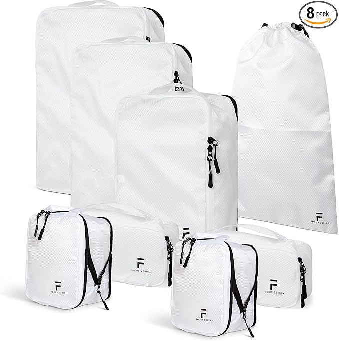 8 Piece Compression Packing Cubes Set - Double Capacity Design for Travel - Small, Medium & Large Sizes - Carry-On Suitcase Organizer Bags (White)