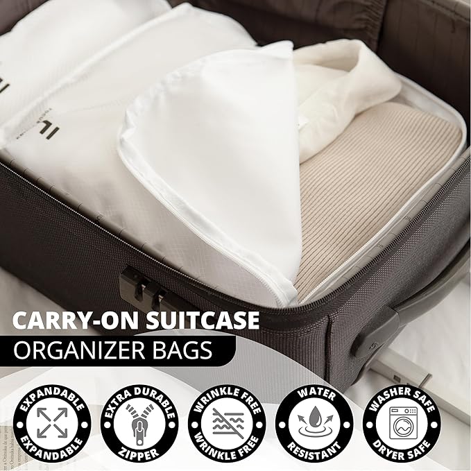 8 Piece Compression Packing Cubes Set - Double Capacity Design for Travel - Small, Medium & Large Sizes - Carry-On Suitcase Organizer Bags (White) - Image 4
