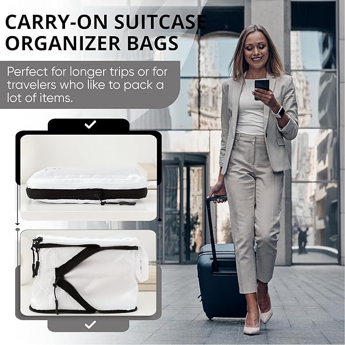 8 Piece Compression Packing Cubes Set - Double Capacity Design for Travel - Small, Medium & Large Sizes - Carry-On Suitcase Organizer Bags (White) - Image 5