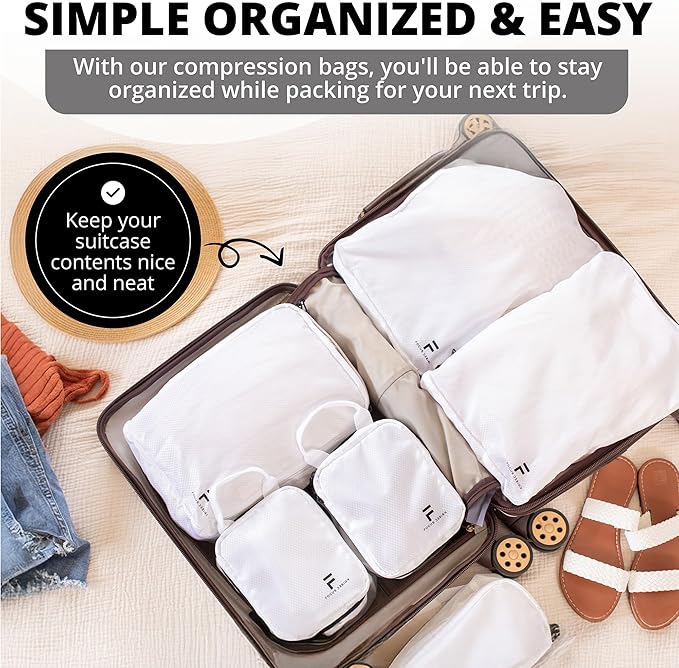 8 Piece Compression Packing Cubes Set - Double Capacity Design for Travel - Small, Medium & Large Sizes - Carry-On Suitcase Organizer Bags (White) - Image 3